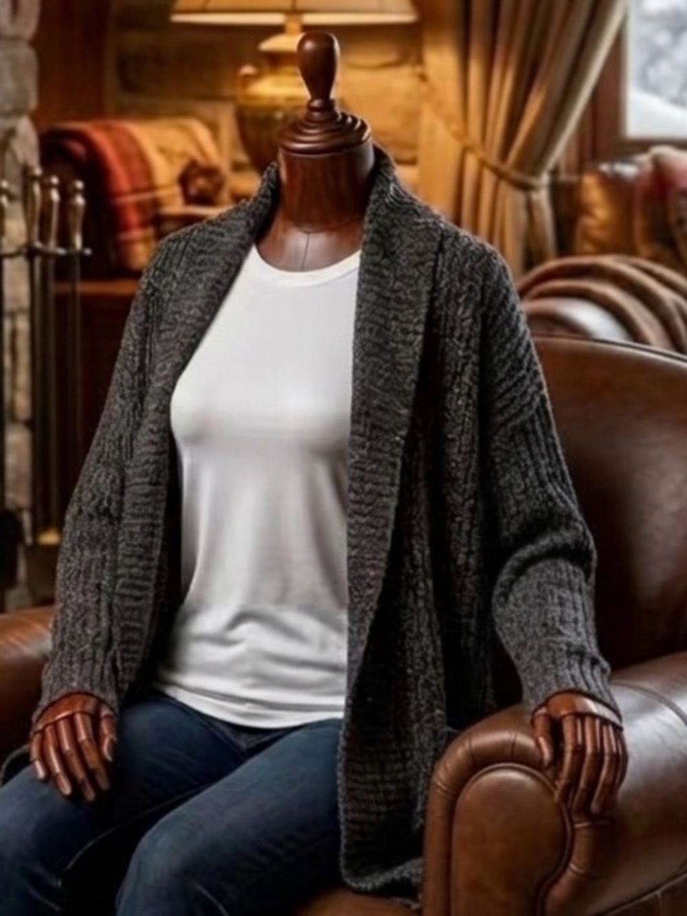 Barefoot Dreams CozyChic Lite Montecito Open Cardigan Charcoal Grey Heat M